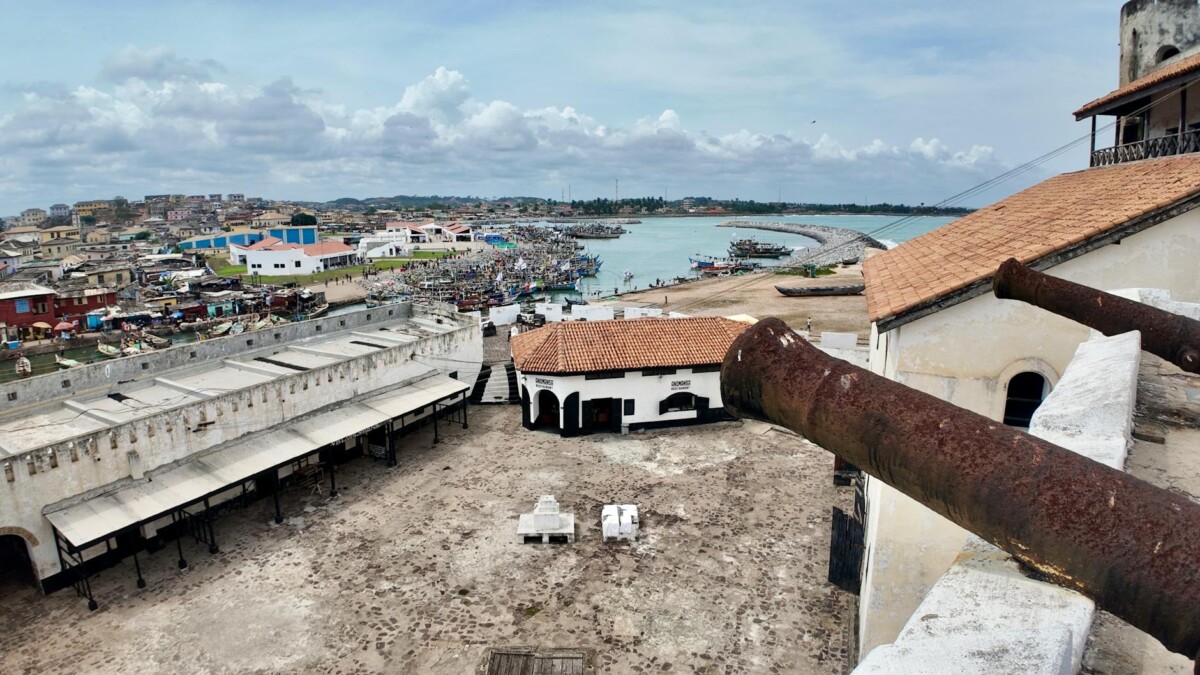 Aerial view of Cape Coast Ghana coastline and historic architecture