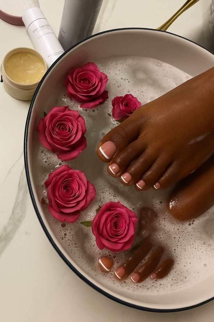 A rose-petal pedicure foot bath at a beauty and self-care session in Accra