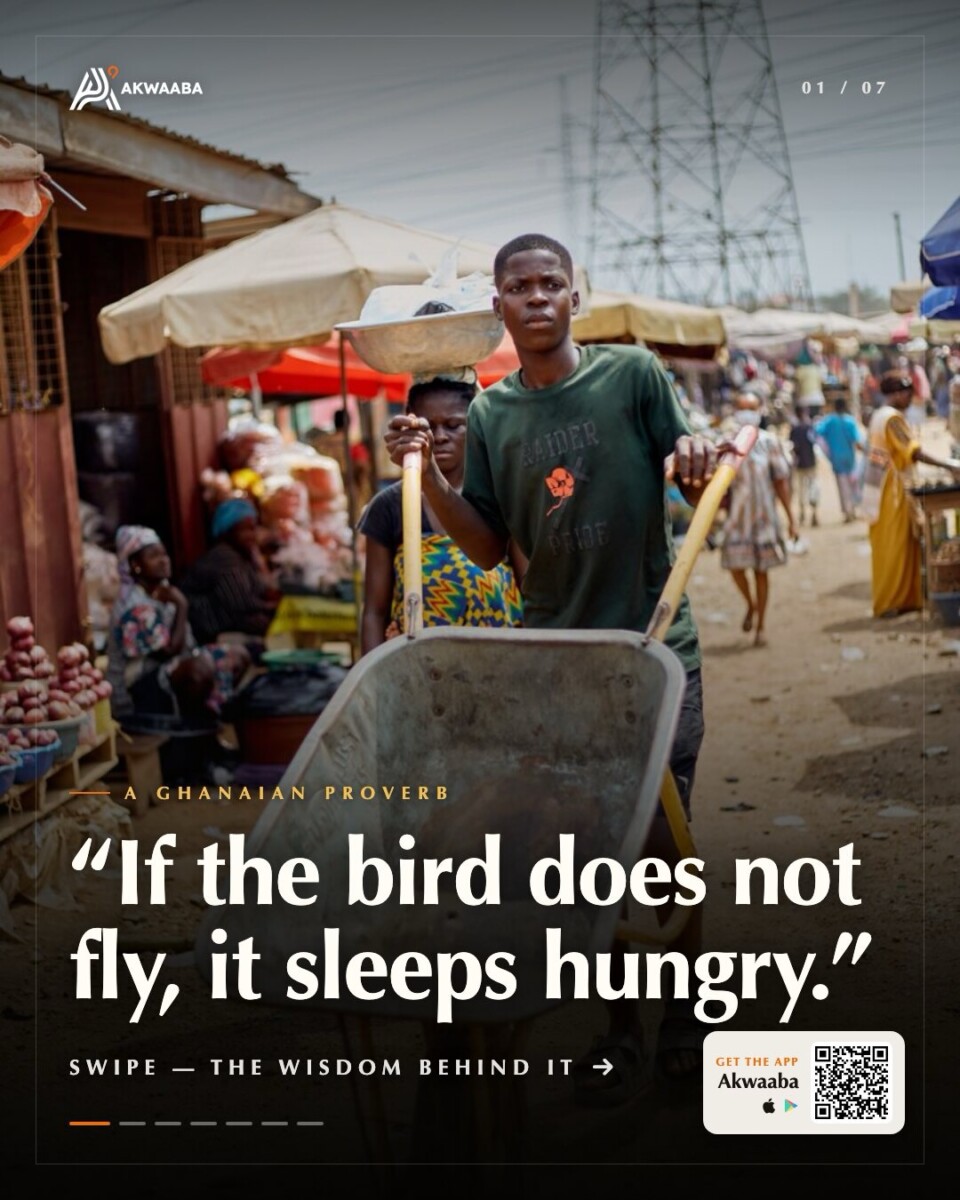 A Ghanaian market scene paired with a proverb, from @akwaaba.app on Instagram